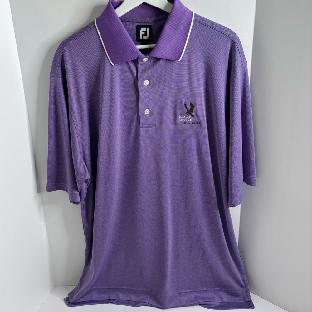 FJ Foot Joy Men’s Purple and White Checked Polo Eagle Watch Golf Club Size Large